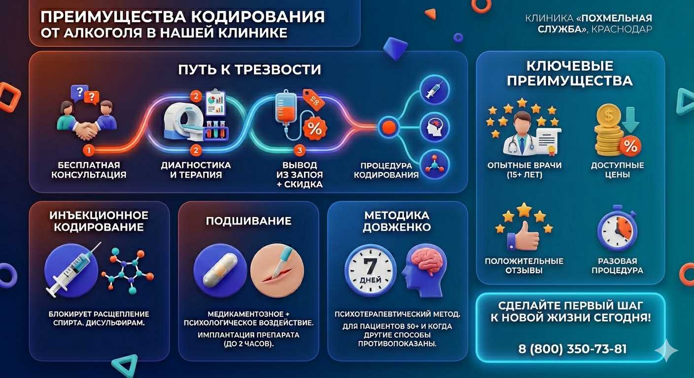 Инфографика о методах кодирования от алкоголя в Васюринской: инъекции, подшивание, метод Довженко. Преимущества клиники и этапы лечения.