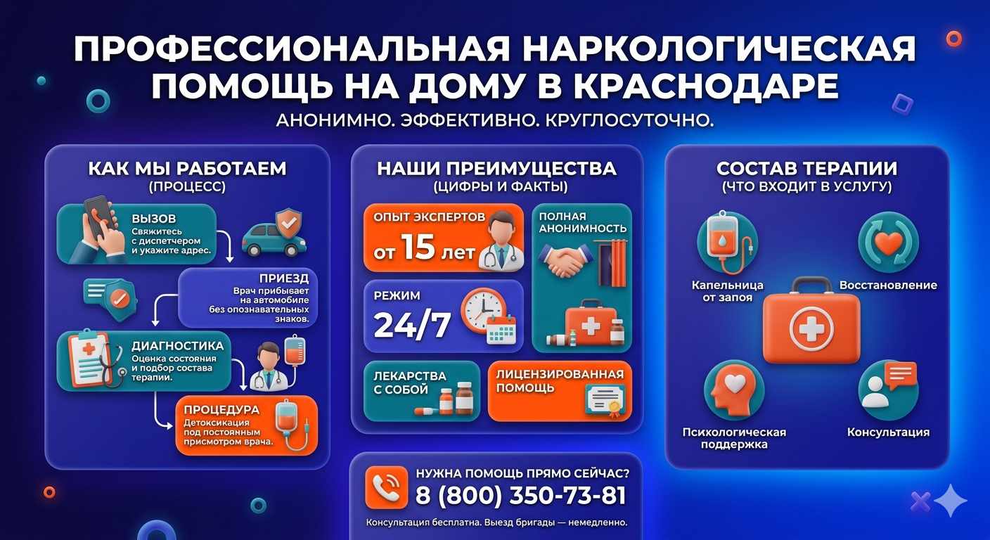 Инфографика о принципах лечения алкоголизма на дому в Васюринской: этапы вызова нарколога, преимущества анонимной детоксикации и состав медицинской помощи.